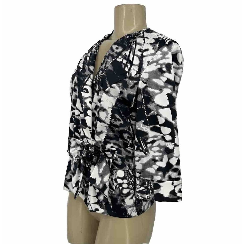 Alex Evening Small Women Black White Wrap Jacket Top 3/4 Sleeve Blazer Bow Q5